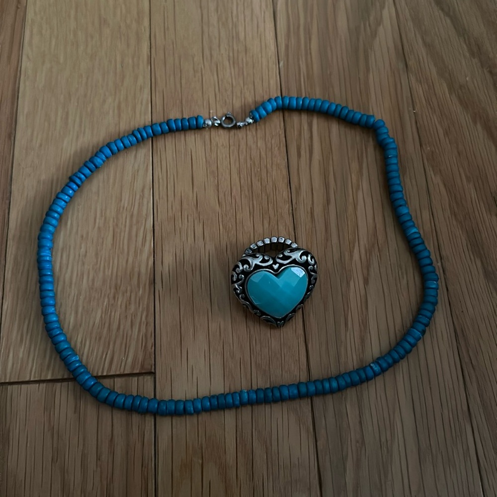 Fashion Heart Turquoise silver-plated Stretch Ring and matching necklace.